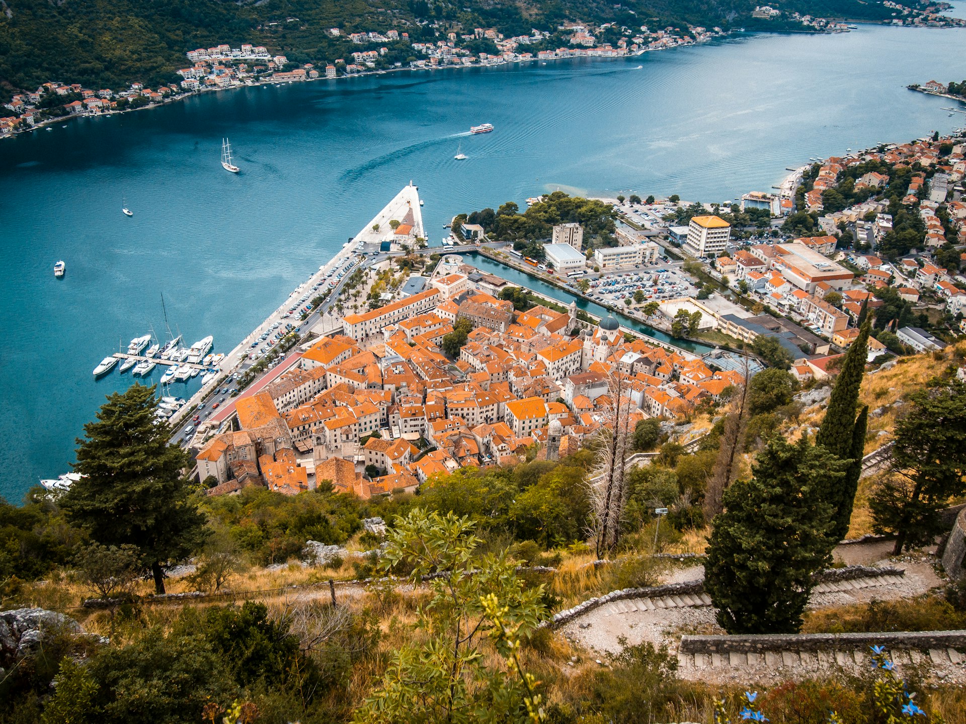 an aerial view of a city and a harbor