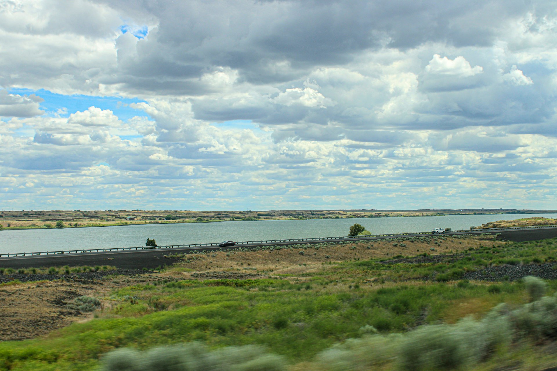 A view of a lake from a train window