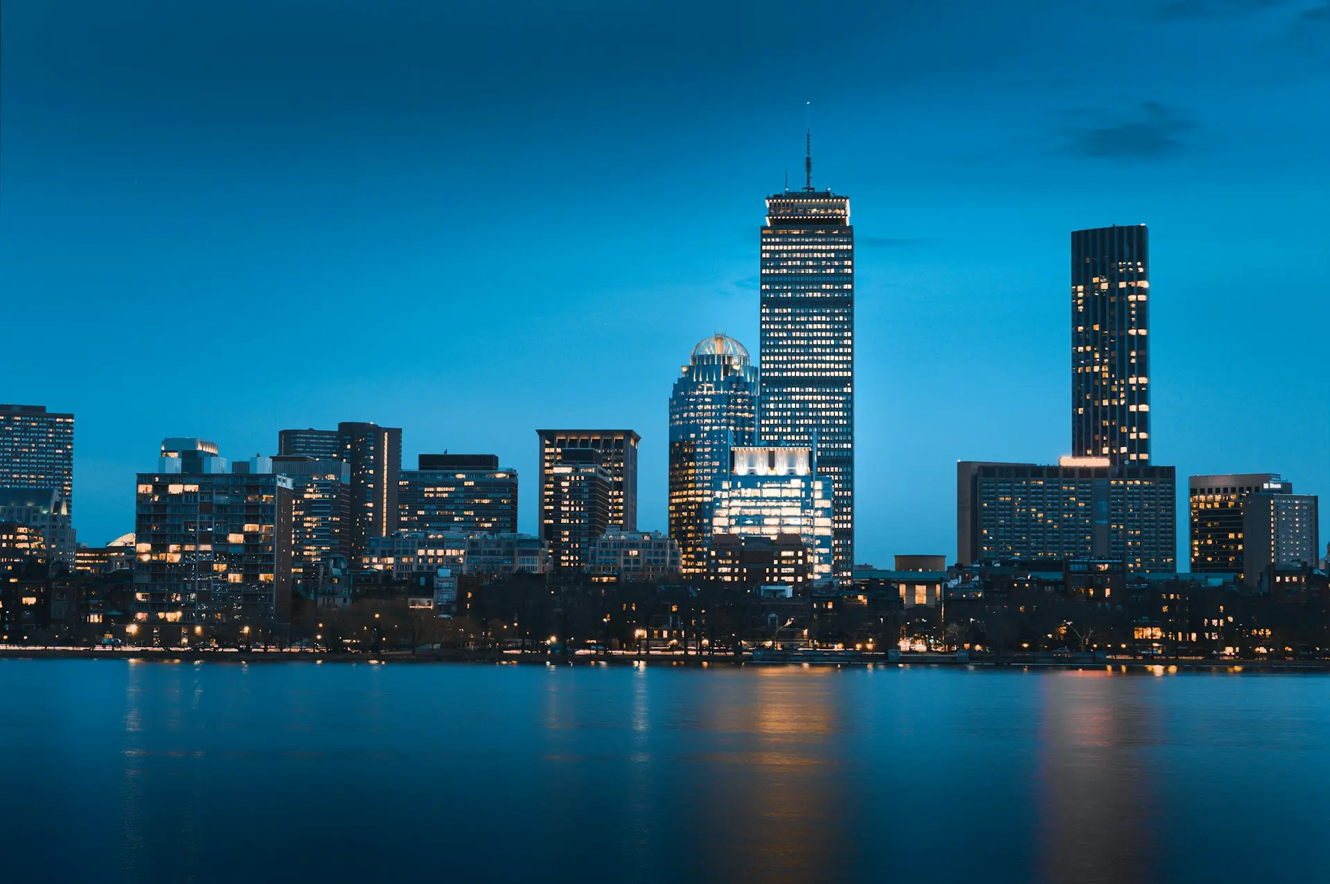 city skyline during night time