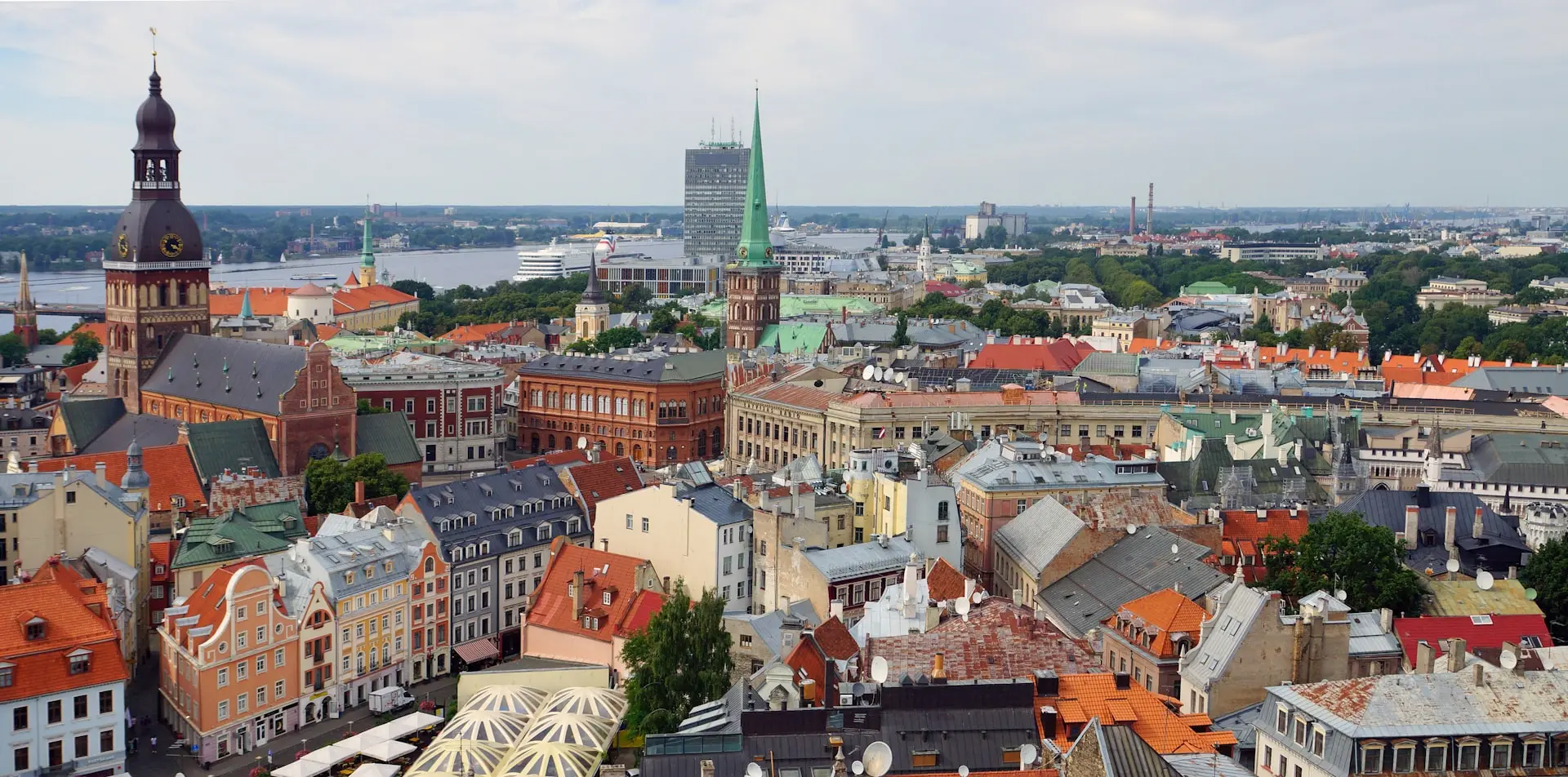 An aerial view of a city with tall buildings