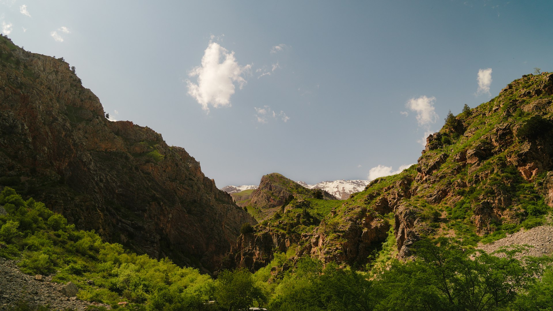 Mountainous landscape with lush green valley and sky.