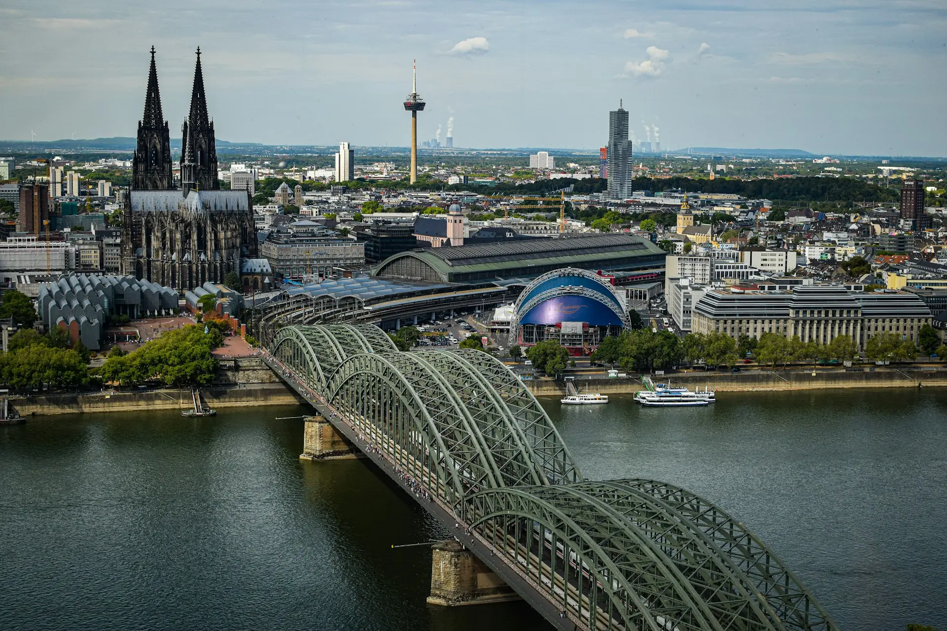 An aerial view of a city and a bridge