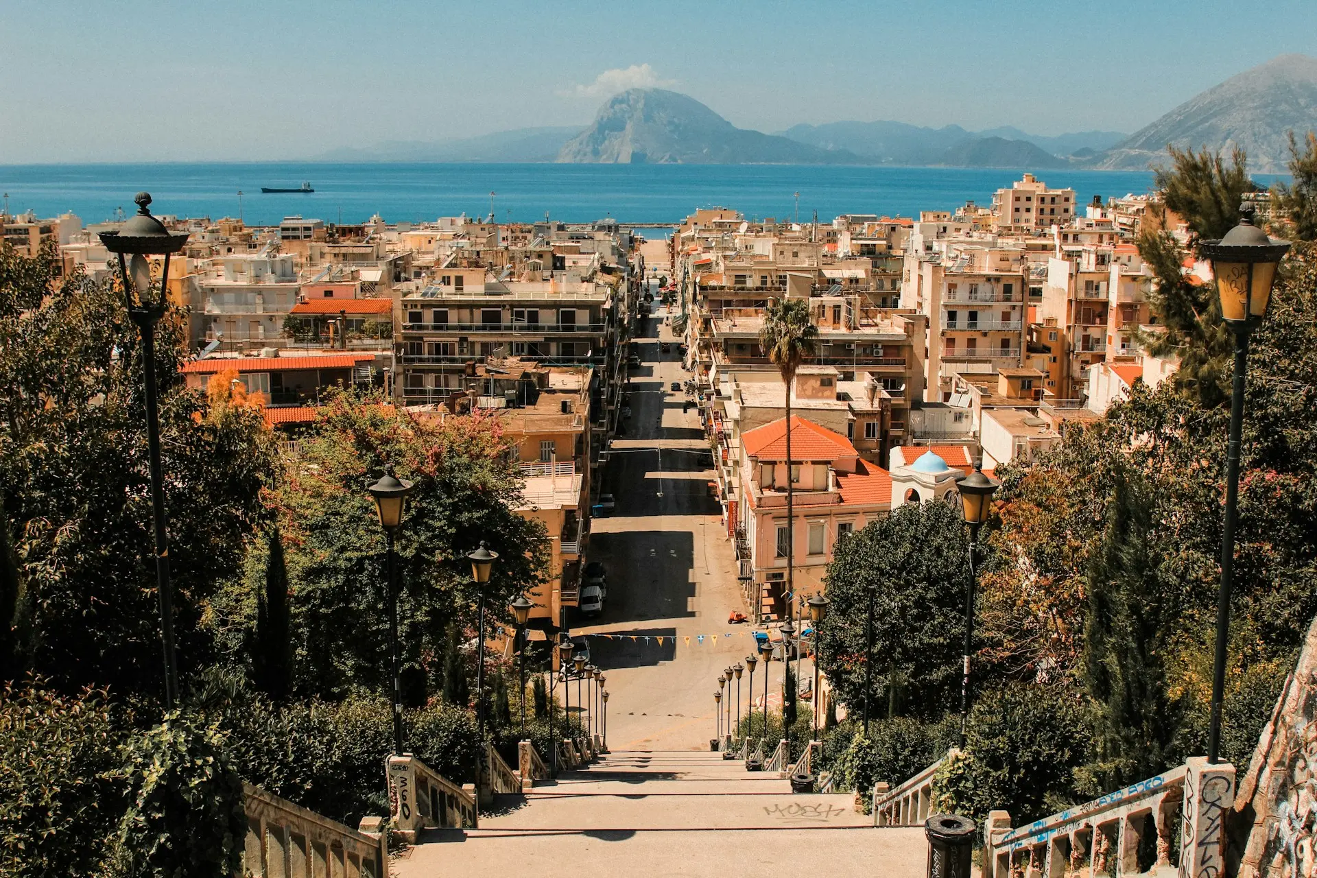 a view of a city with a mountain in the background